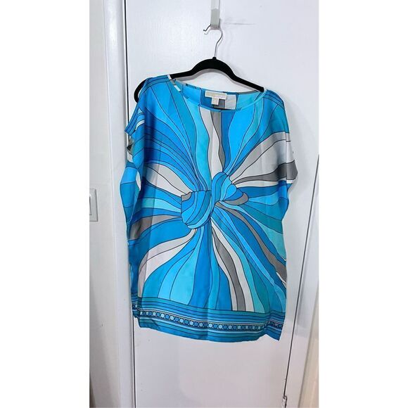 MICHAEL KORS HANDKERCHIEF BLUE PRINT PONCH TUNIC BLOUSE SZ M - Picture 1 of 10